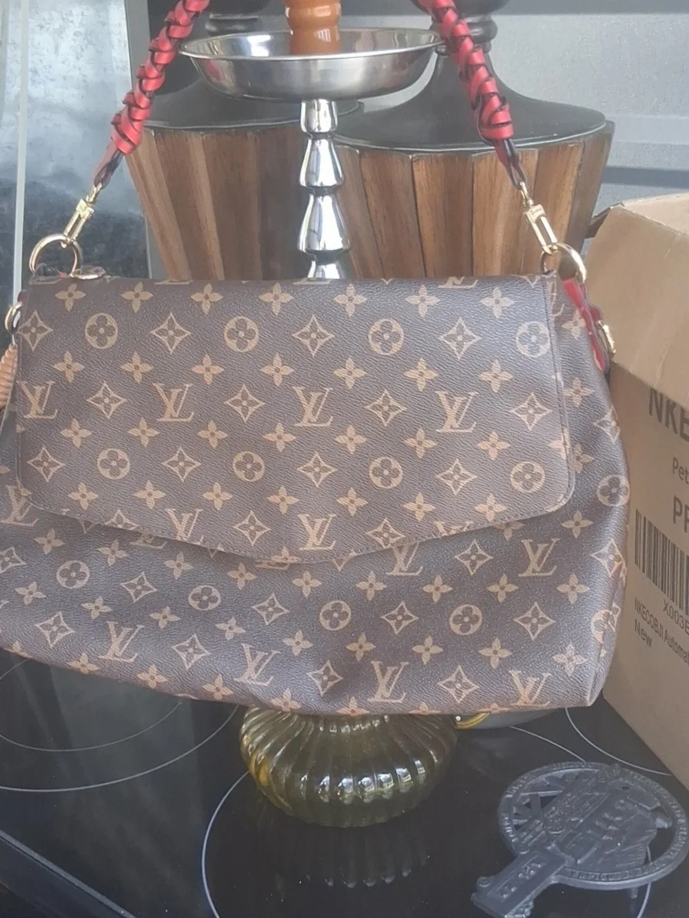 Louis Vuitton Monogram Canvas Brown Shoulder Bag with Red Braided Handle